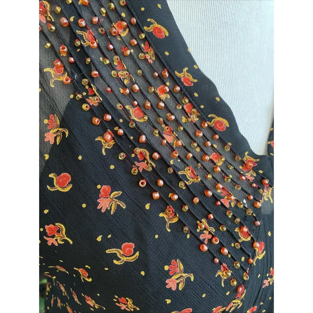 VTG 90s Y2k April Cornell S Rayon Floral Prairie Babydoll Slip Dress Sheer Beads - Picture 8 of 16